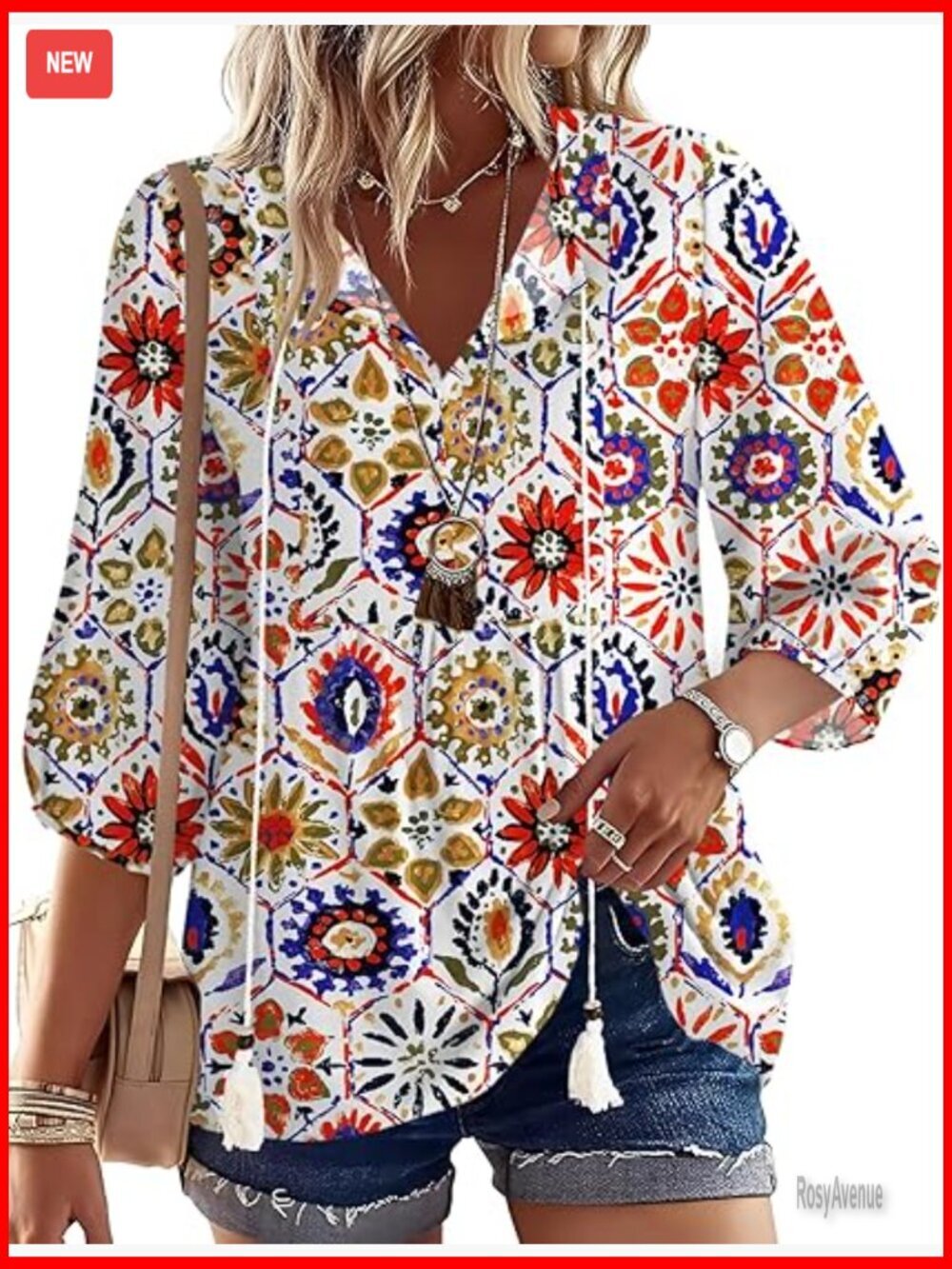 Loose Fit 3/4 Sleeve V-Neck Tunic Blouse, Rayon-Cotton-Linen Blend